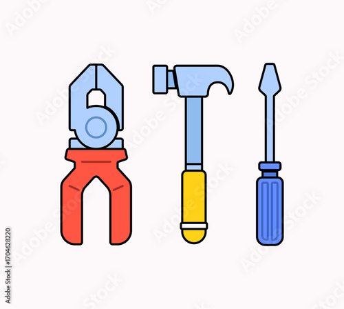 Vector illustration of three cartoon style hand tools including pliers, hammer, and screwdriver. Hand drawn outline design, perfect for construction, repair, DIY, workshop, and mechanic concepts.