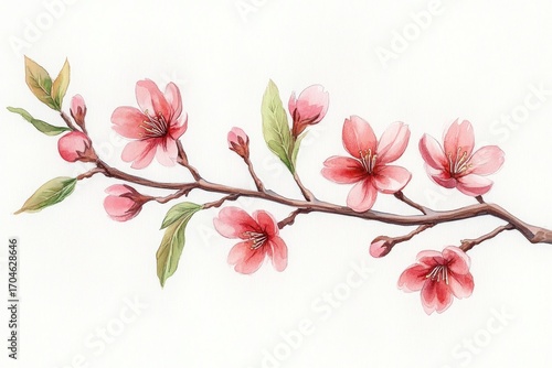 Delicate watercolor painting of a blossoming branch with pink flowers and green leaves on a white background, evoking calm and natural beauty