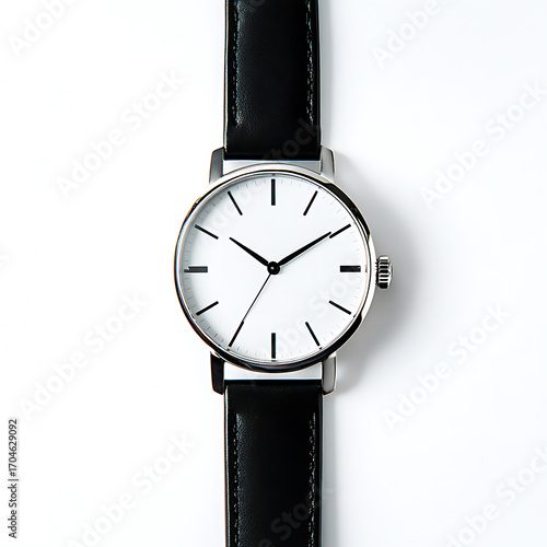 Wallpaper Mural Minimalist wristwatch with black leather strap and white dial on a plain background Torontodigital.ca