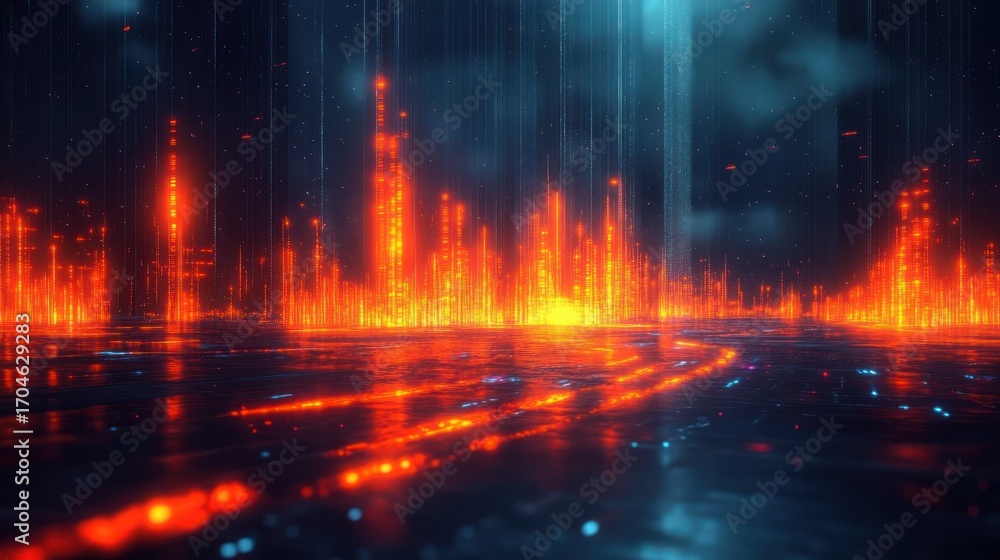 Fototapeta premium Futuristic digital cityscape with glowing orange skyscrapers and light trails on a reflective surface under a dark blue sky creating a vibrant, high-tech atmosphere