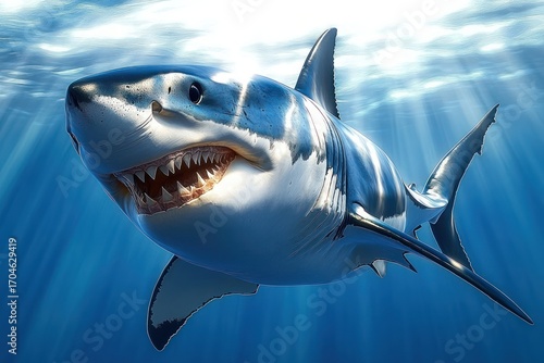 Close-up of a great white shark swimming underwater with sunlight filtering through the ocean surface creating a dramatic and intense scene