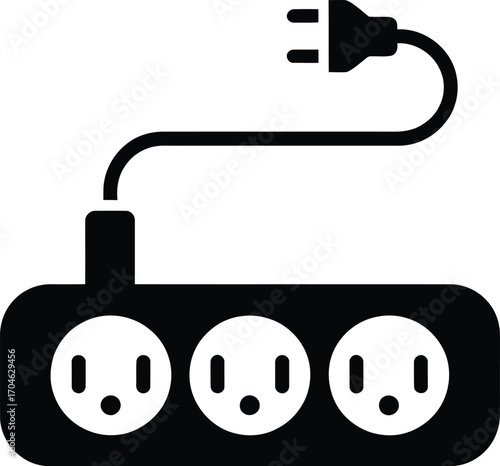 Black silhouette of a power strip with three outlets and a plug