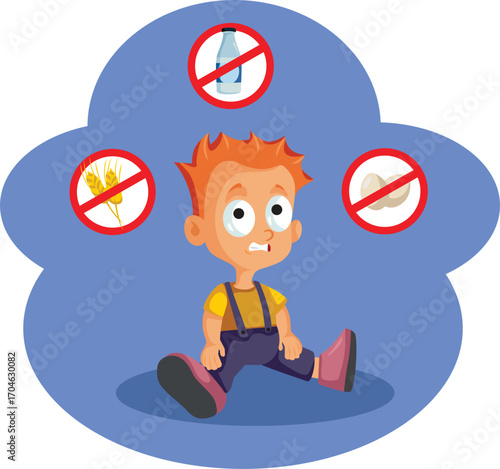 Toddler Child with Many Food Intolerance Vector Cartoon Character. Little kid having allergic reactions to eggs, milk and grains  
          
