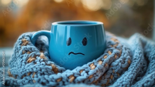 Wallpaper Mural blue ceramic mug with a worried face wrapped in a thick knitted scarf with warm colors on a blurred background Torontodigital.ca