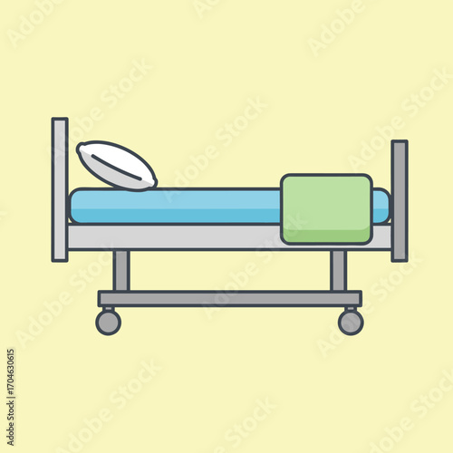 Vector flat design of a hospital bed with pillow and blanket used for patients in healthcare 
