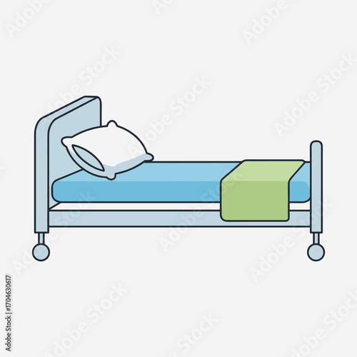 Flat vector hospital bed with pillow and green blanket symbol for healthcare and treatment 
