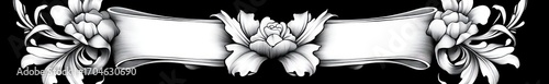 Ornate black and white floral decorative banner with large flowers and swirling leaves on either side and a central flower beneath a curved blank scroll