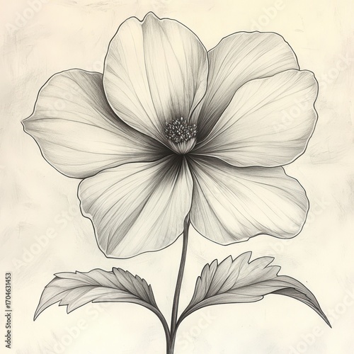 Detailed grayscale pencil drawing of a single large flower with five broad petals and two textured leaves on a thin stem