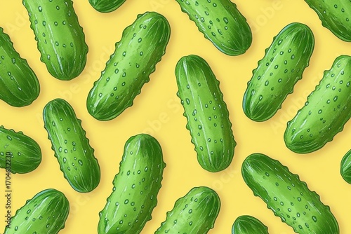 Multiple fresh green cucumbers arranged on a bright yellow background showcasing their textured skin and natural shine