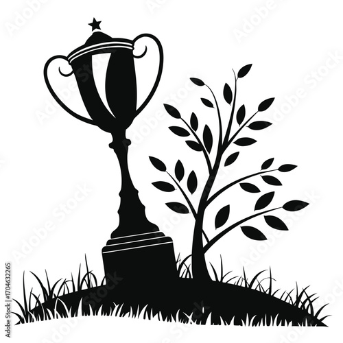Black Silhouette of a Trophy Cup Next to a Small Tree on a Grassy Mound award winner