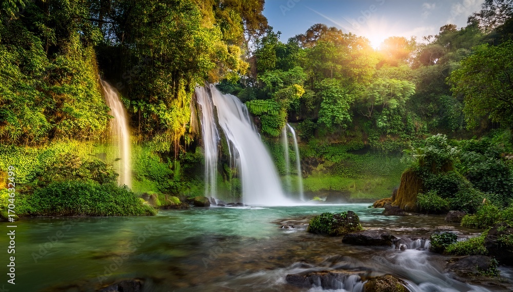Fototapeta premium Enchanting Waterfall Landscape With Cascading Water And Lush Greenery Scenery