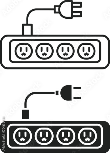 Two styles of power strip with multiple outlets and a plug