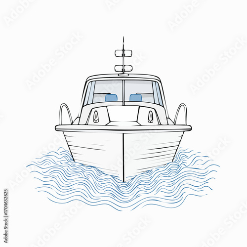 Boat rides on waves. Front view. Small ship sails on sea, lake or river. Plastic composite boat with motor. Hand drawn outline sketch. Isolated on white background. Vector.