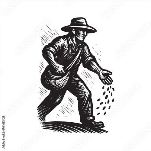 Vintage Farmer Sowing Seeds in Field Black and White Illustration Depicting Traditional Agricultural Practices and Rural Life Reflecting a Timeless Farming Scene