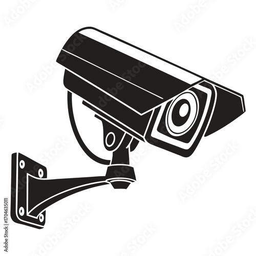 Black and white illustration of a surveillance camera mounted on a wall bracket security camera