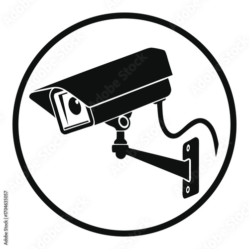 Black silhouette of a security camera inside a circular frame on a white background surveillance camera