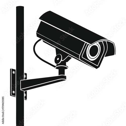Black silhouette of a security camera mounted on a pole bracket on a white background surveillance camera