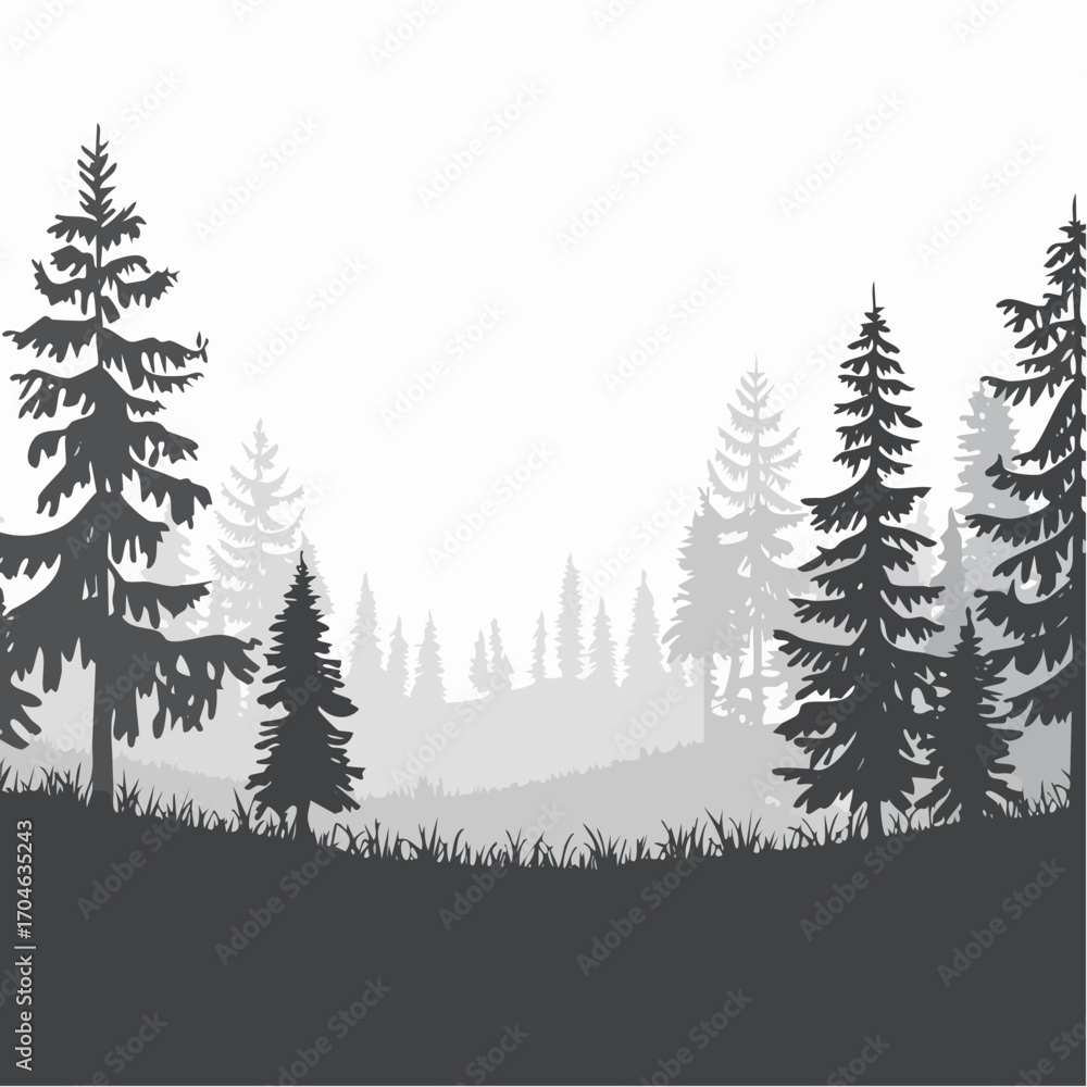 Fototapeta premium Glade in taiga. Coniferous forest with firs and pines. Landscape with trees and grass. Silhouette picture. Isolated on white background. Vector.