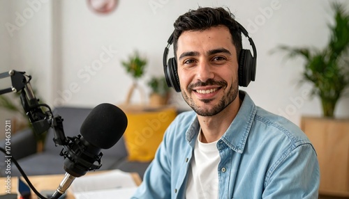 Smiling Man Recording Podcast with Headphones and Microphone.