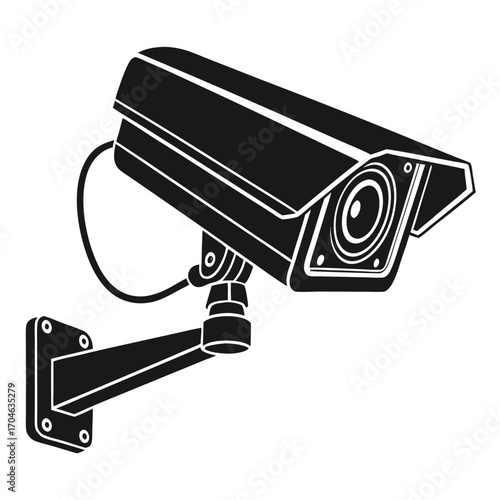 Black Silhouette of a Surveillance Camera Mounted on a Wall Bracket with Cable Keywords: surveillance camera, security, cctv, monitoring, recording, protection, safety, technology, equipment
