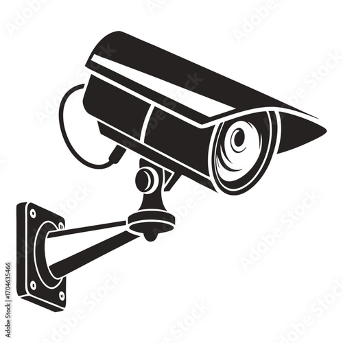 Black silhouette of a surveillance security camera mounted on a wall bracket on a white background
