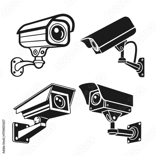 Collage of four distinct black silhouette illustrations of security cameras with different designs and mounting brackets on a white background