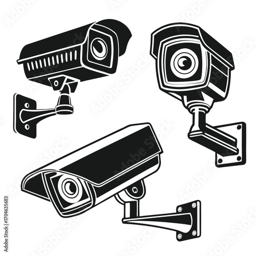 Collection of three black and white illustrations of different security cameras mounted on walls