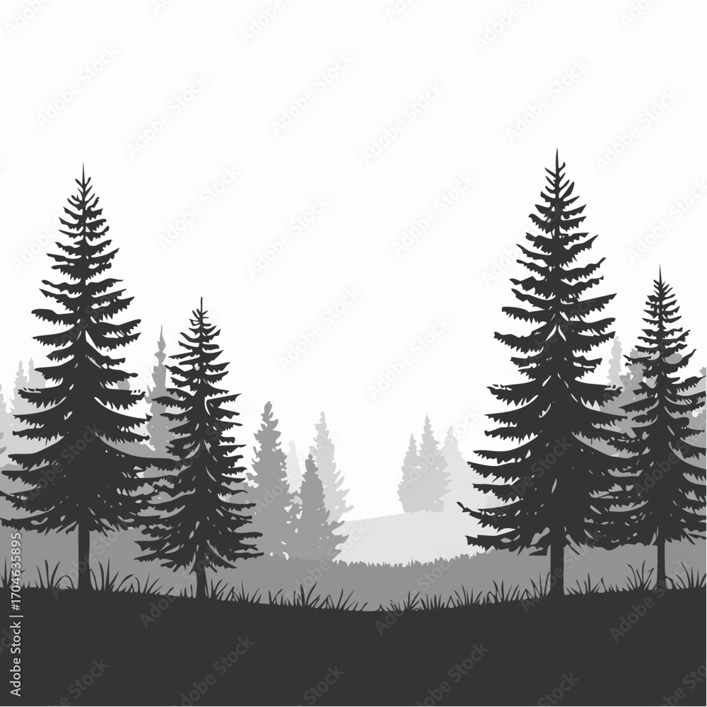 Fototapeta premium Glade in taiga. Coniferous forest with firs and pines. Landscape with trees and grass. Silhouette picture. Isolated on white background. Vector.