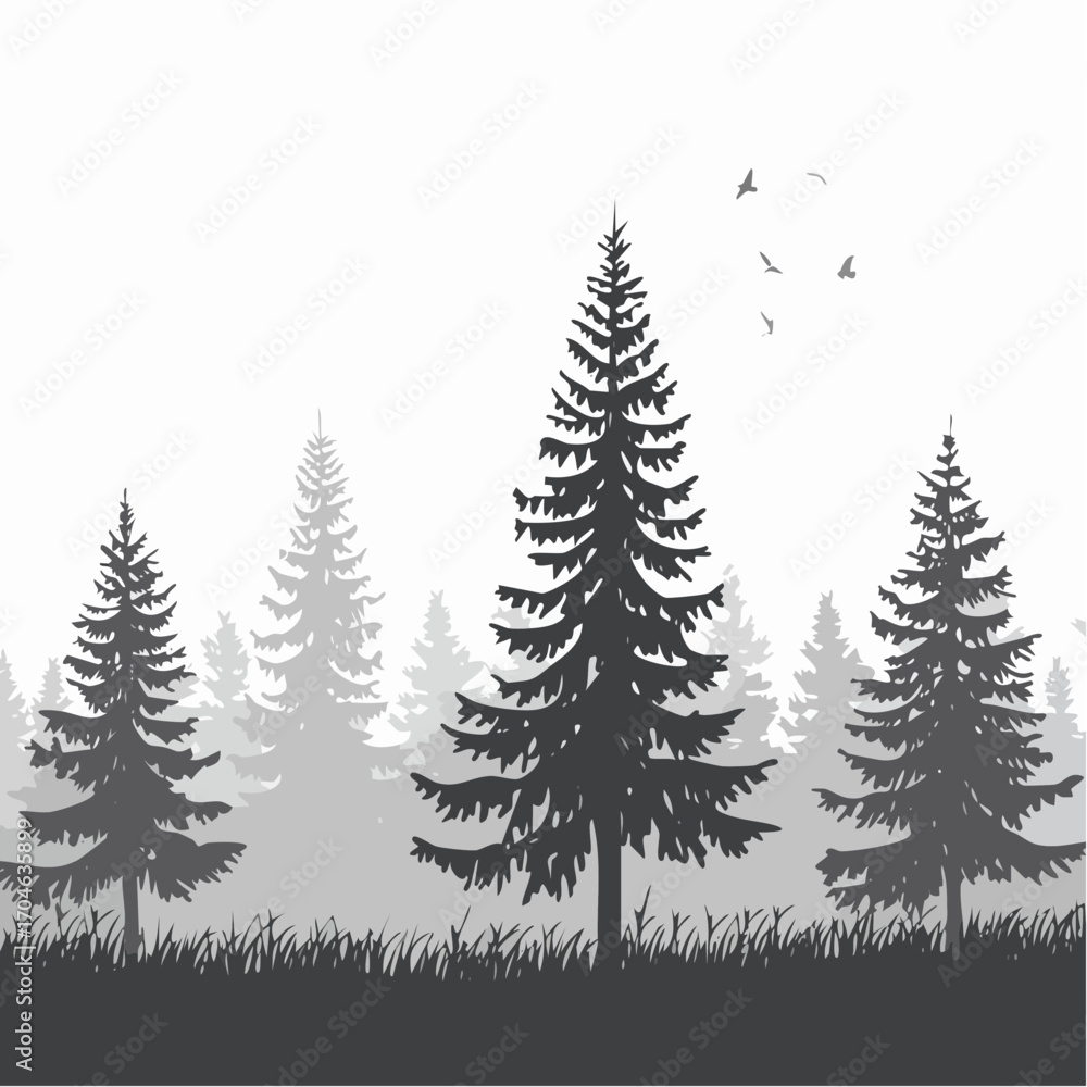 Obraz premium Glade in taiga. Coniferous forest with firs and pines. Landscape with trees and grass. Silhouette picture. Isolated on white background. Vector.
