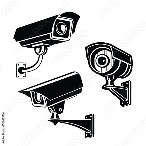 Set of Three Black Silhouette Surveillance Cameras Mounted on Walls with White Background security camera