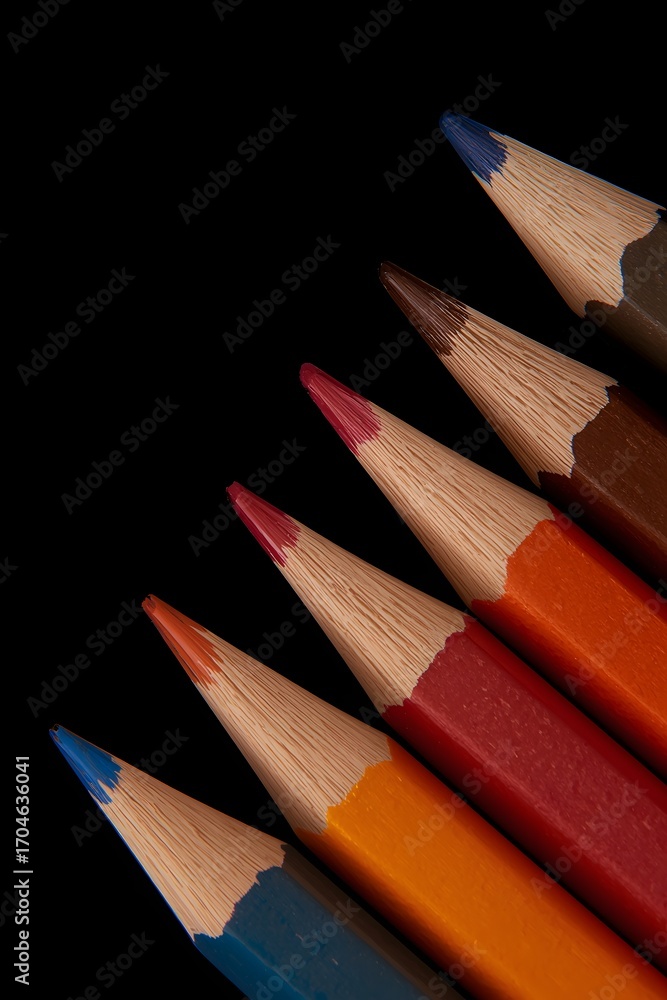 Obraz premium Vibrant close up of sharpened colored pencils aligned on a dark black background, creative art supplies composition for design, drawing, school, education, creativity and backdrop use