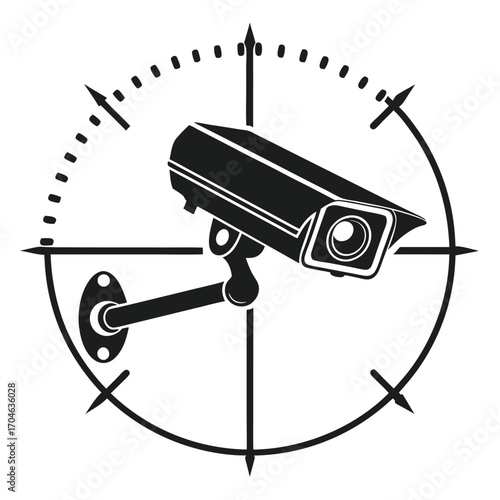 Surveillance security camera icon with crosshairs and compass elements on a white background cctv