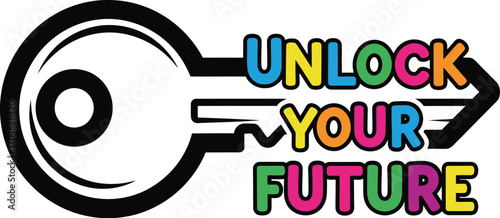 Vector art of the "unlock your future" concept with a bright, colorful key design