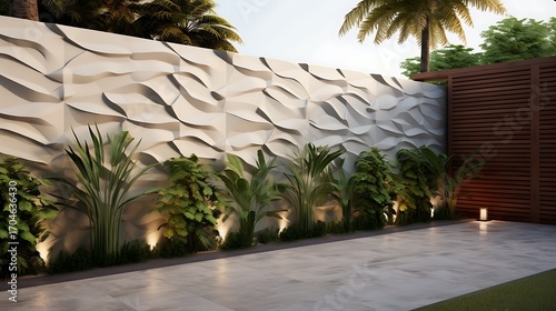 Elegant outdoor space featuring a textured wall with plants and subtle lighting creating a serene
