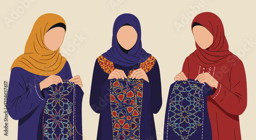 Three Modest Women In Colorful Hijabs Holding Decorative Dresses Against A Beige Background