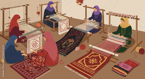 Flat Illustration of Women Weaving Textiles in a Workshop Setting Featuring Red Blue and Brown Colors Creating Carpets