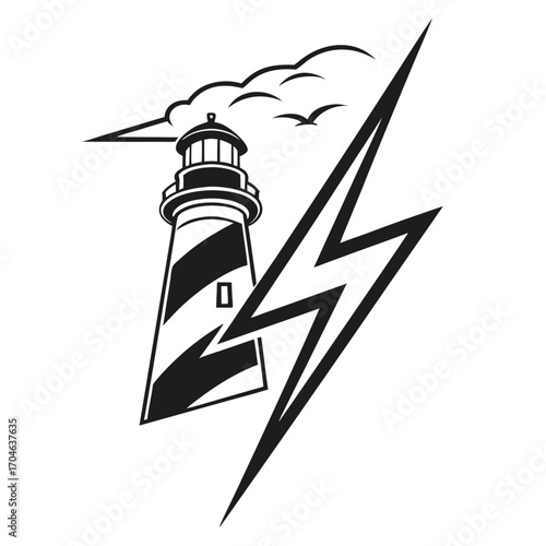 Black and white illustration of a lighthouse with lightning bolt and birds on white background