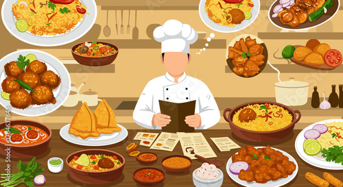 Pixelated Chef with Diverse Indian Dishes on Wooden Table in a Restaurant