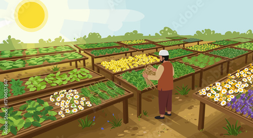 Flat Illustration Of Farmer Harvesting Vegetables At Sunny Day On Farm Field
