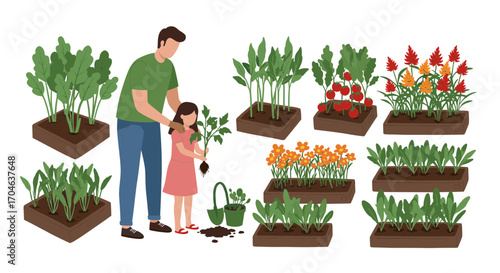 Father and Daughter Planting Flowers and Vegetables in a Garden Flat Pixel Illustration