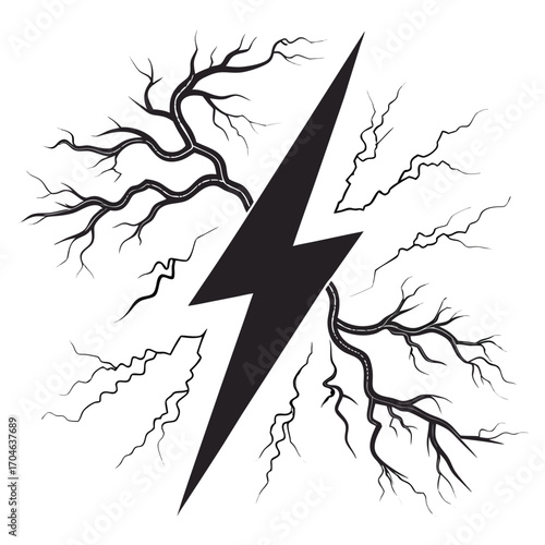 Black lightning bolt bisecting radiating tree-like crackling lines on a white background symbol