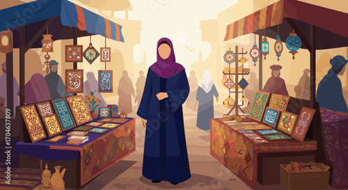 Pixelated Illustration Of A Woman In A Blue Dress Standing In A Busy Marketplace With Vendors And Goods Displayed