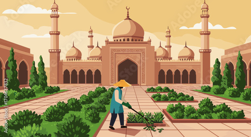 Gardener Pruning Shrubs in a Pixelated Courtyard of a Landmark Building with Brown and Beige Colors