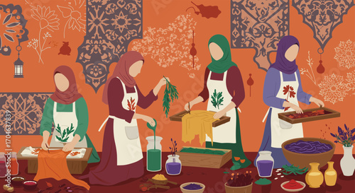 Women Crafting Textiles In Workshop With Aprons And Headscarves Against Decorated Orange Wall Pixel Art