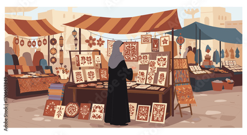 Woman In Traditional Attire Browsing Artworks At A Colorful Market Stall With Brown Wooden Display Under A Striped Awning