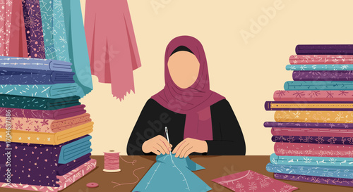 Flat Illustration Of Woman In Hijab Sewing Colorful Fabrics On A Brown Table With Stacked Textiles