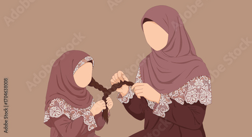 Flat Illustration of Muslim Mother Braiding Daughter's Hair in Brown Tones
