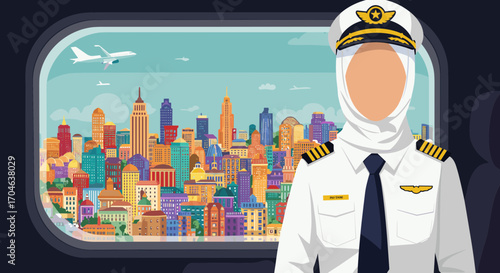 Pixelated Pilot In Uniform Posing With City View Through Airplane Window During Daytime