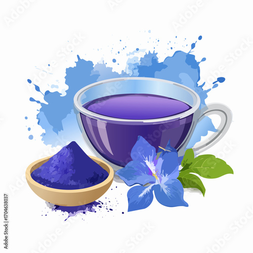 Watercolor illustration of a glass cup of vibrant blue butterfly pea flower tea, also known as Anchan, with its powder in a bowl and a fresh blossom