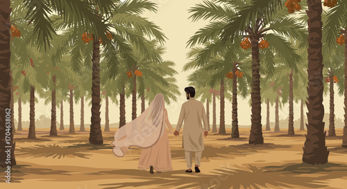 Couple Walking Hand In Hand Through Palm Tree Forest In Beige And Brown Tones